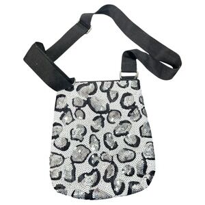 Sparkling Silver Sequin Leopard Print Crossbody Bag Adjustable Strap Women's